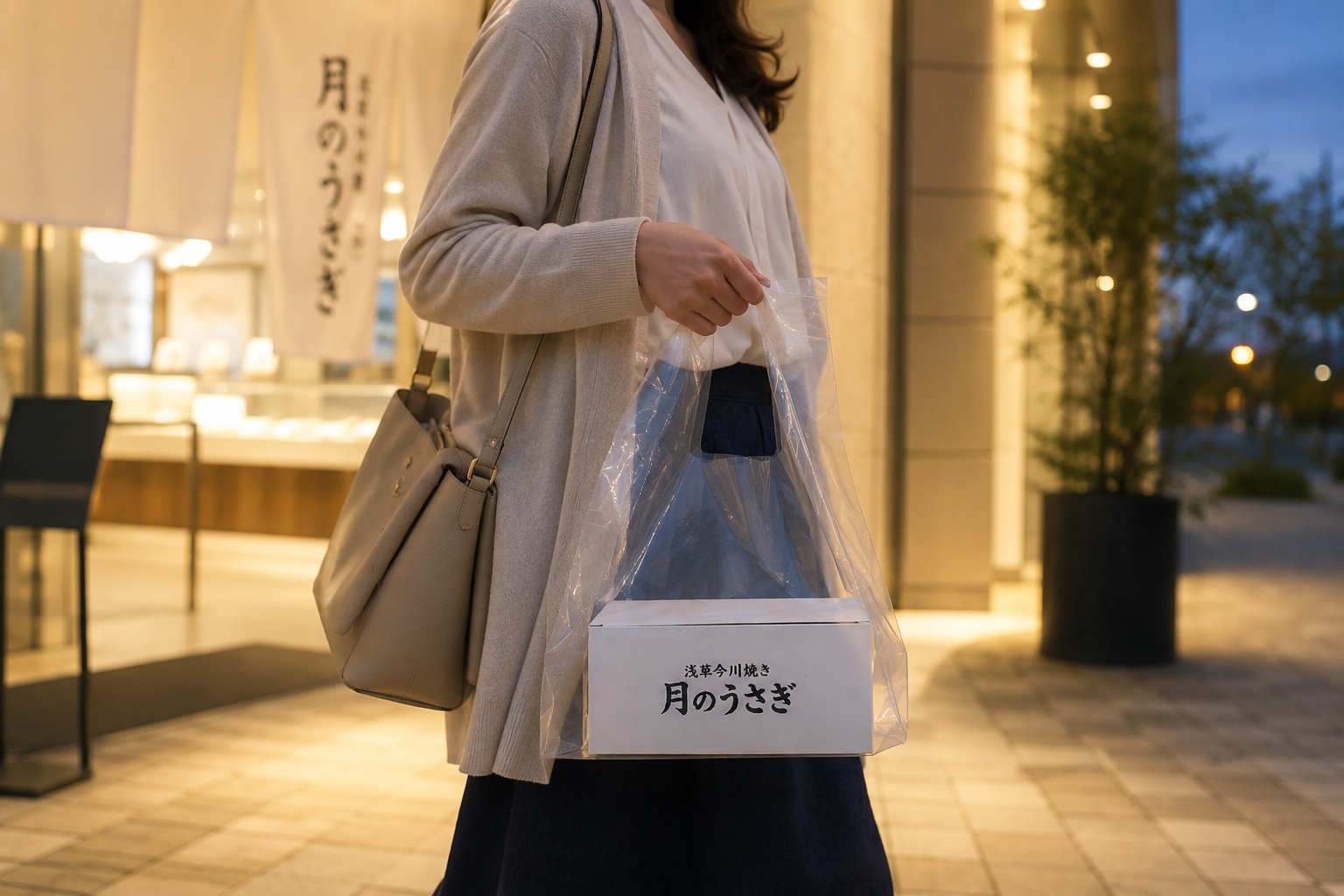 店舗の前で月のうさぎの白い箱を持ち帰る様子。