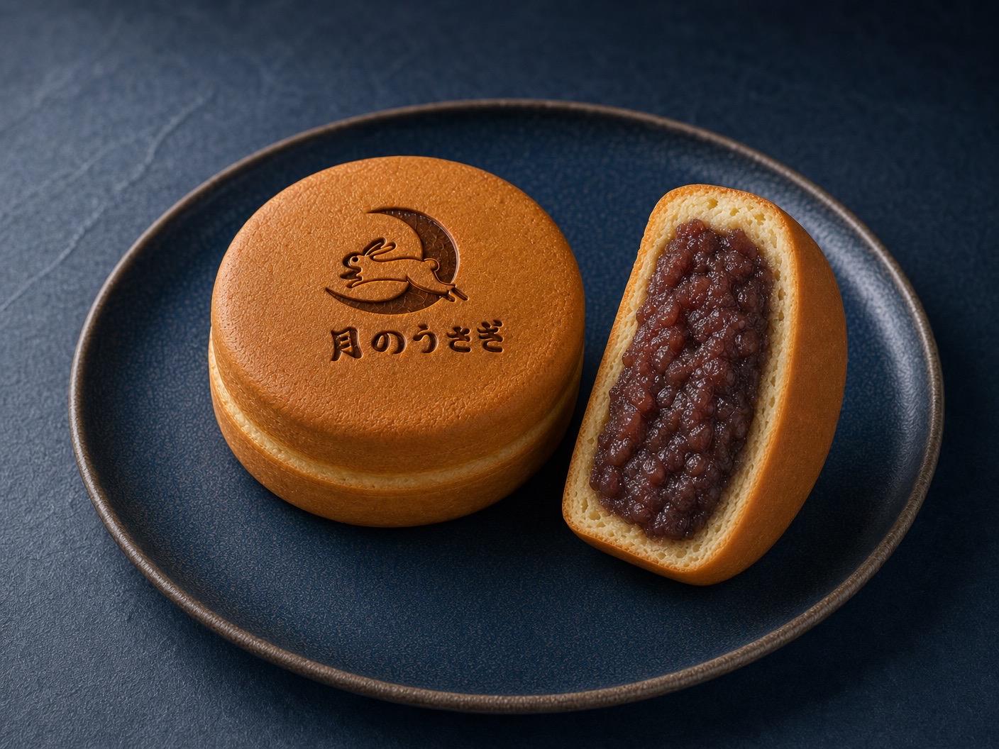 月のうさぎの今川焼き。焼印とあんこの断面が見える。
